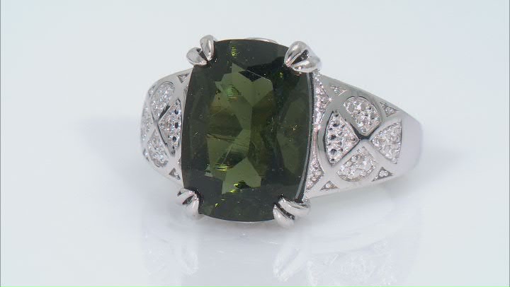 Green Moldavite Rhodium Over Sterling Silver Ring 4.13ctw Video Thumbnail