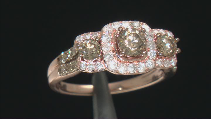 Champagne And White Diamond 10k Rose Gold 3-Stone Halo Ring 1.50ctw Video Thumbnail