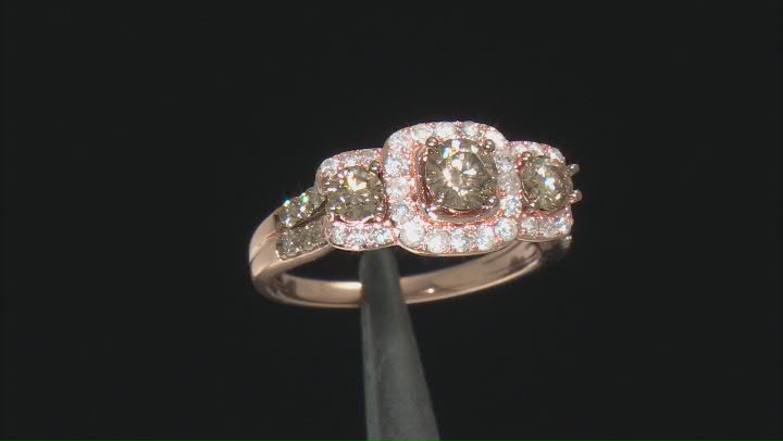 Champagne And White Diamond 10k Rose Gold 3-Stone Halo Ring 1.50ctw Video Thumbnail