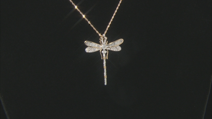 White Diamond 10K Yellow Gold Dragonfly Pendant With Chain 0.70ctw