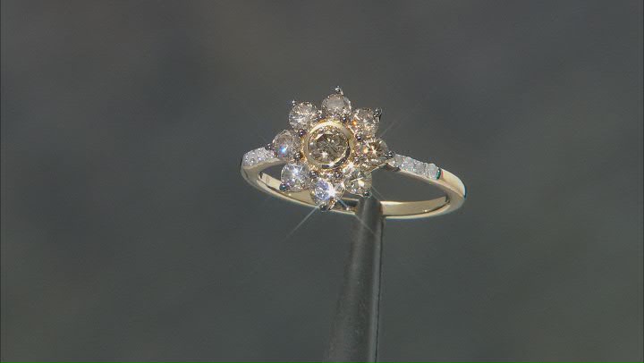 Champagne And White Diamond 10k Yellow Gold Cluster Floral Ring 0.75ctw Video Thumbnail