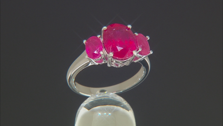 Red Mahaleo® Ruby Rhodium Over Silver 3-Stone Ring 4.37ctw Video Thumbnail