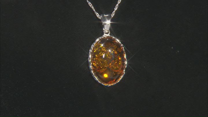 Orange amber rhodium over sterling silver pendant with chain Video Thumbnail