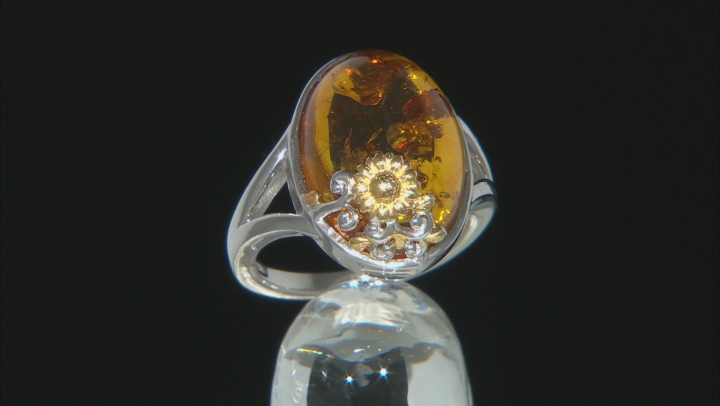 Orange Amber Rhodium Over Silver With 18k Gold Enhanced Sunflower Detail Ring Video Thumbnail