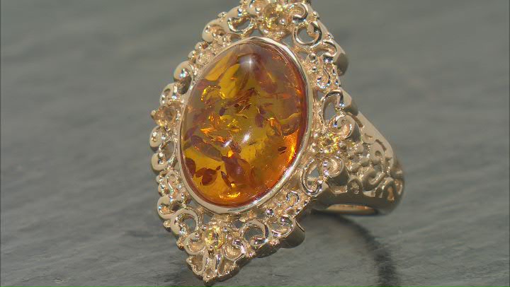 Orange Amber 18k Yellow Gold Over Sterling Silver Ring 0.11ctw Video Thumbnail