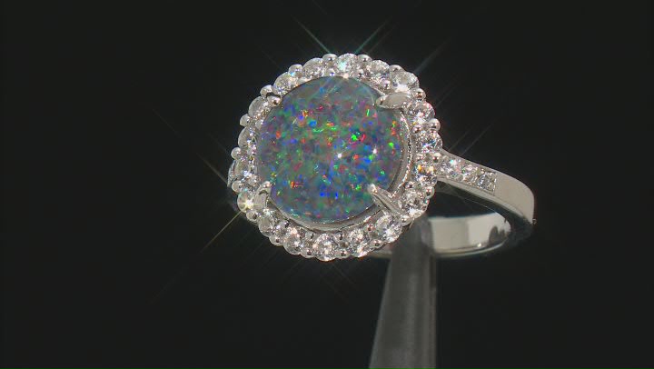 Multi Color Australian Opal Triplet Topaz Rhodium Over Sterling Silver Halo Ring Video Thumbnail