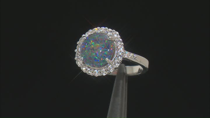 Multi Color Australian Opal Triplet Topaz Rhodium Over Sterling Silver Halo Ring Video Thumbnail