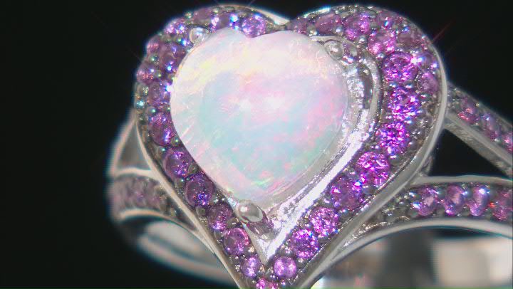Multicolor Ethiopian Opal Rhodium Over Sterling Silver Heart Ring 1.36ctw Video Thumbnail