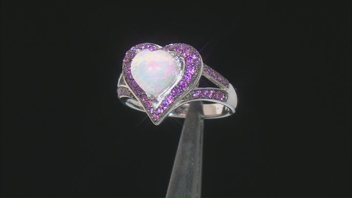Multicolor Ethiopian Opal Rhodium Over Sterling Silver Heart Ring 1.36ctw Video Thumbnail