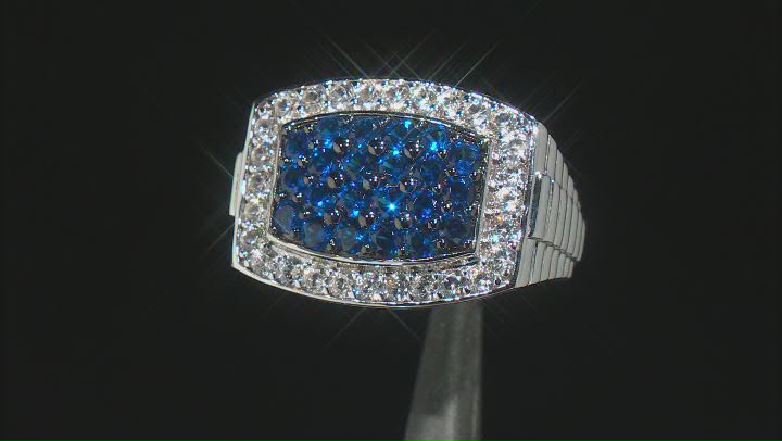 Blue Lab Created Spinel Rhodium Over Sterling Silver Men's Ring 3.16ctw Video Thumbnail