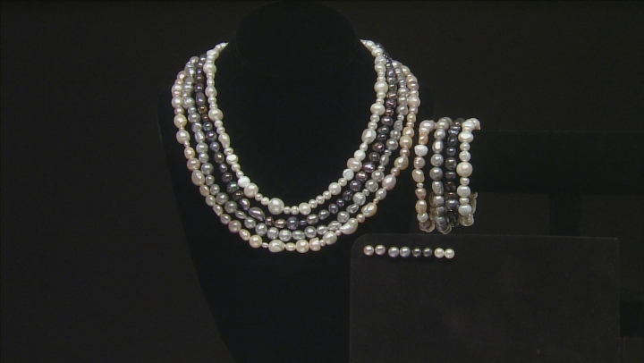 Multi-Color Cultured Freshwater Pearl Rhodium Over Sterling Silver Jewelry Sets Video Thumbnail