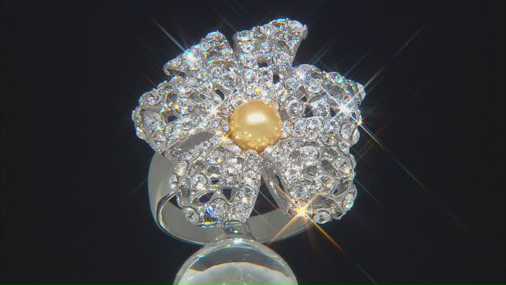 White Crystal and Yellow Pearl Simulant Silver Tone Ring Video Thumbnail