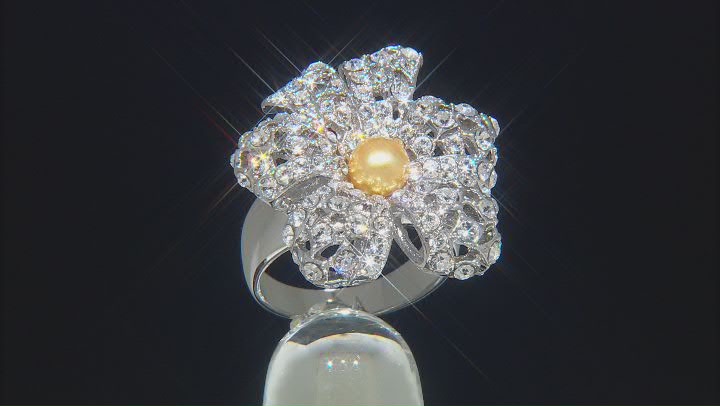 White Crystal and Yellow Pearl Simulant Silver Tone Ring Video Thumbnail