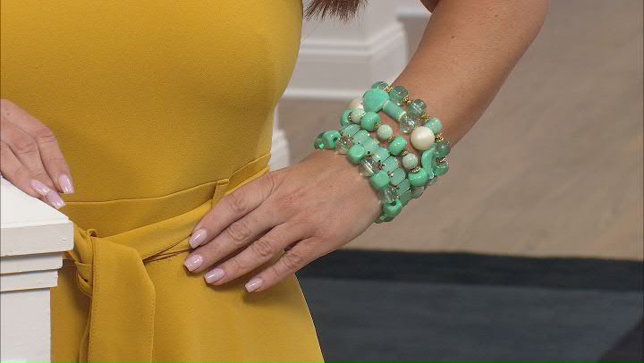 Gold Tone Pink, Green, and White Beaded Set of Three Stretch Bracelets