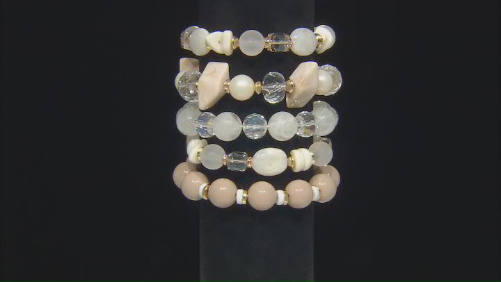 Gold Tone Pink, Green, and White Beaded Set of Three Stretch Bracelets