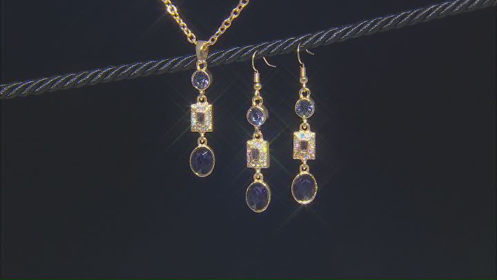 Blue Tanzanite Color, Gold Tone Drop Necklace and Earring Set
