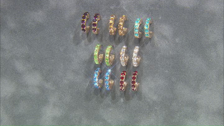 Gold Tone Multi Color Crystal Set of 7 Huggie Earrings Video Thumbnail