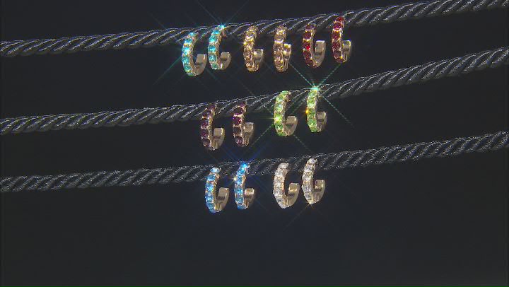 Gold Tone Multi Color Crystal Set of 7 Huggie Earrings Video Thumbnail