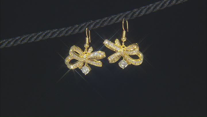 White Crystal Gold Tone Bow Dangle Earrings Video Thumbnail