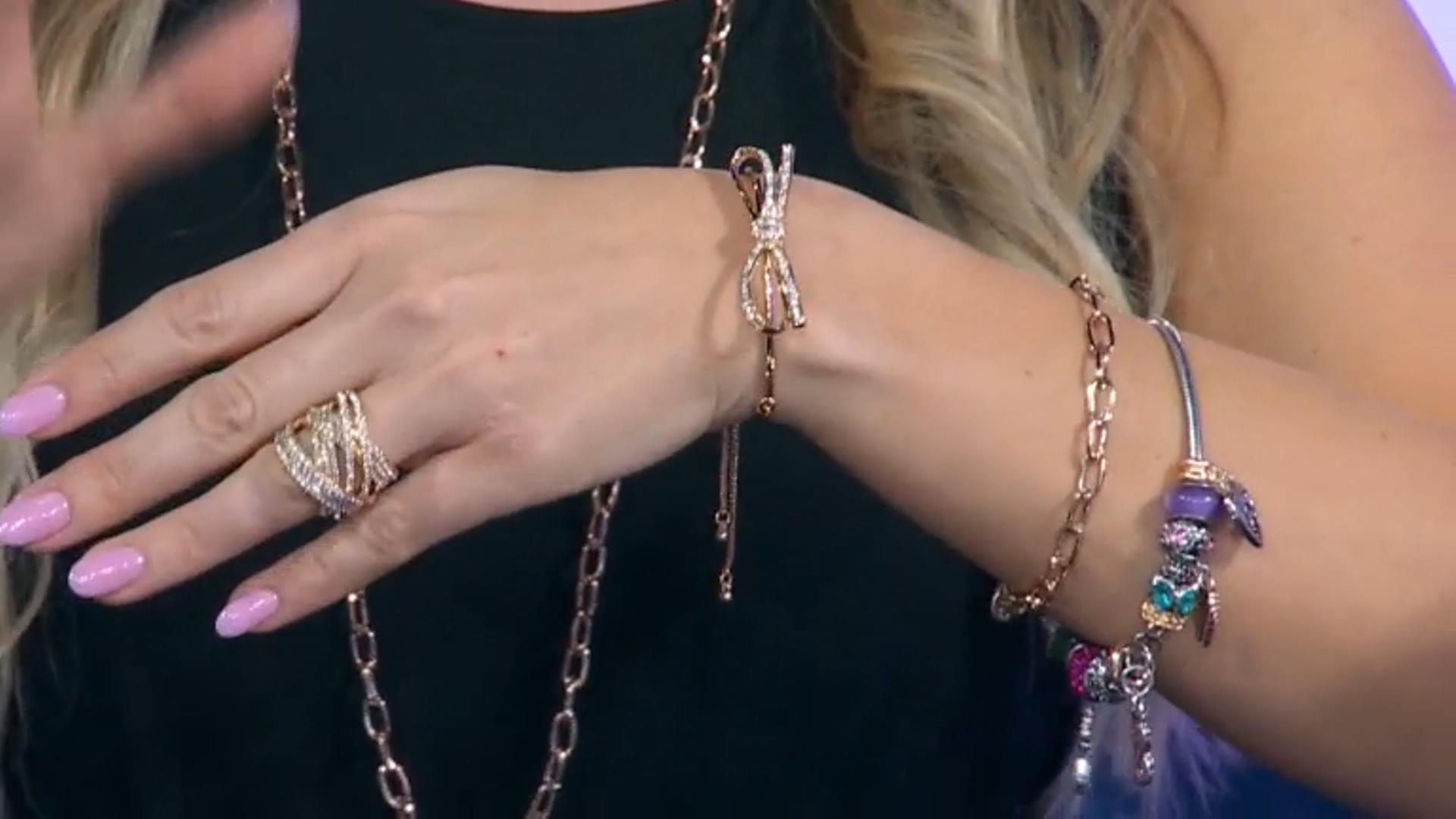 White Crystal Gold Tone Bow and Two Tone Chain set of 2 Bracelets Video Thumbnail