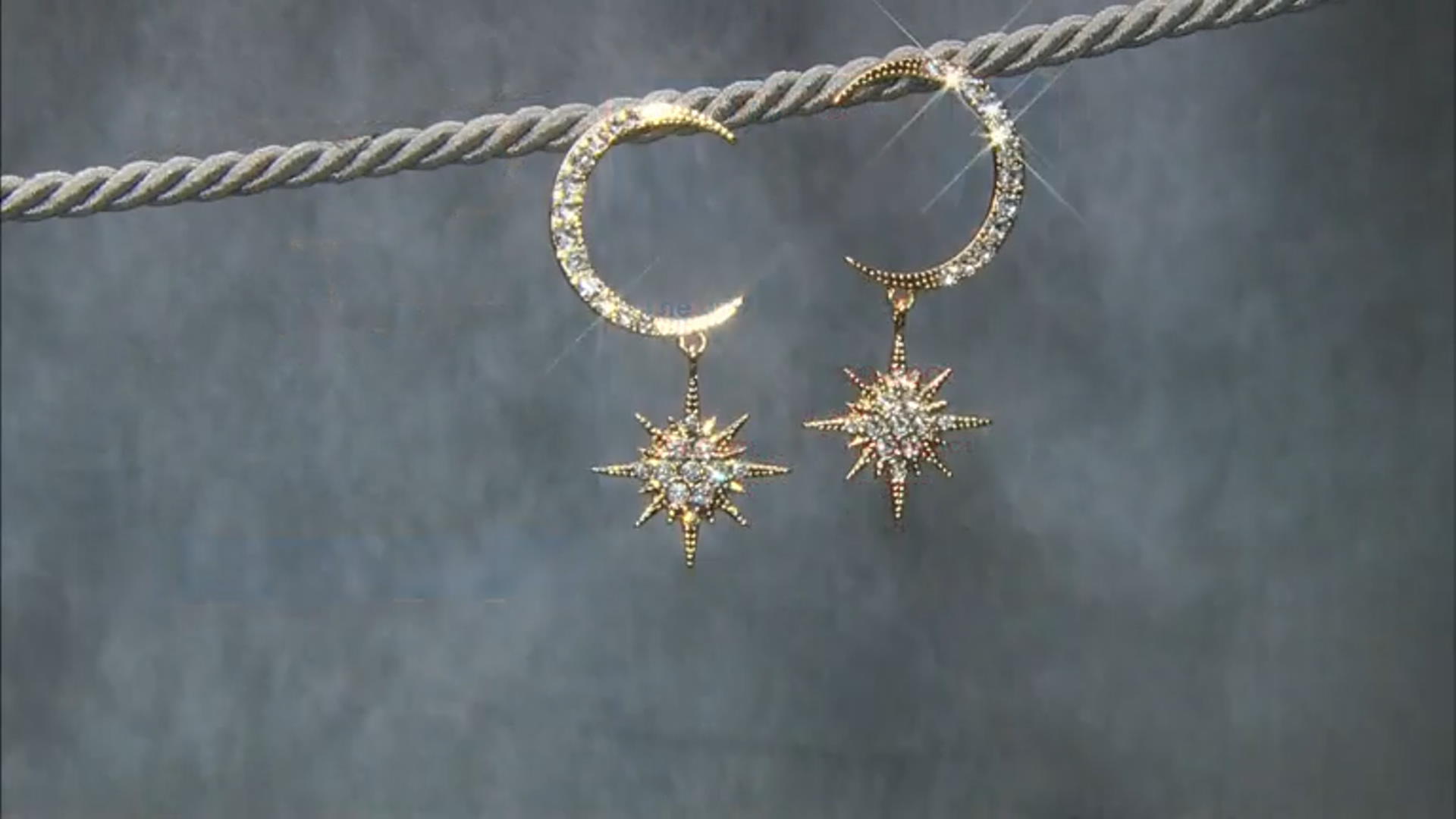 White Crystal Gold Tone Celestial Moon and Star Dangle Earrings Video Thumbnail