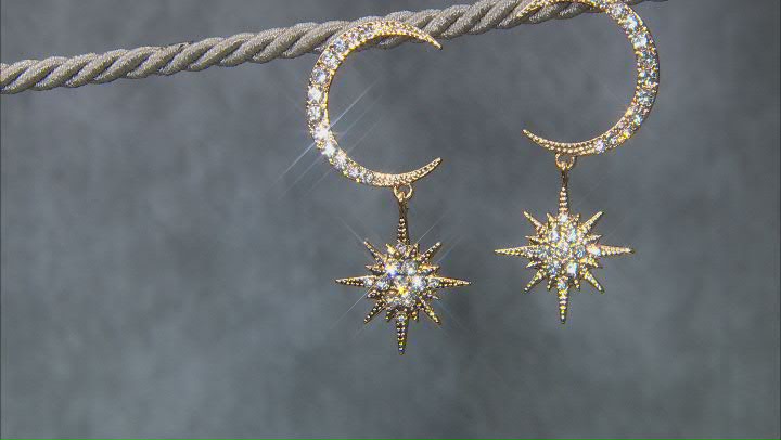 White Crystal Gold Tone Celestial Moon and Star Dangle Earrings Video Thumbnail