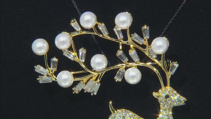 White Crystal with Pearl Simulant Gold Tone Holiday Themed Reindeer Brooch Video Thumbnail