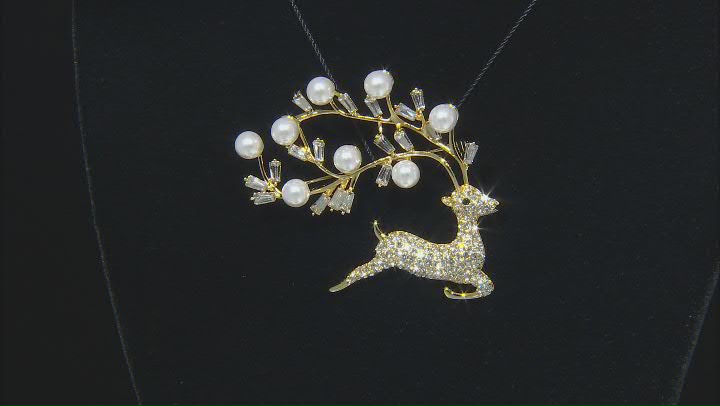 White Crystal with Pearl Simulant Gold Tone Holiday Themed Reindeer Brooch Video Thumbnail