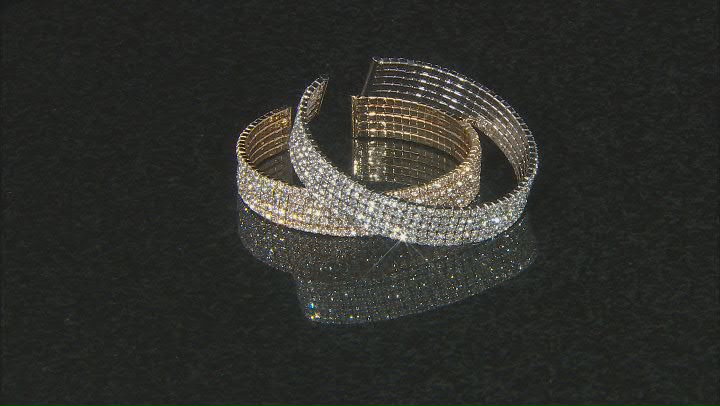 White Crystal,  Gold Tone and Silver Tone Set of 2 Stretch Cuff Bracelets Video Thumbnail