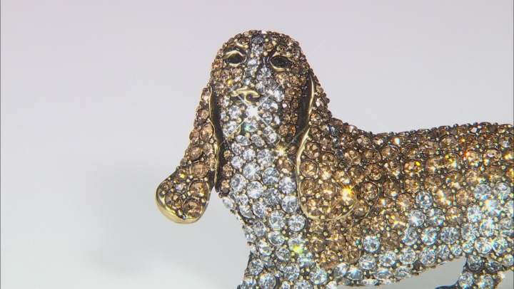 White And Champagne Crystal Antiqued Gold Tone Basset Hound Brooch Video Thumbnail