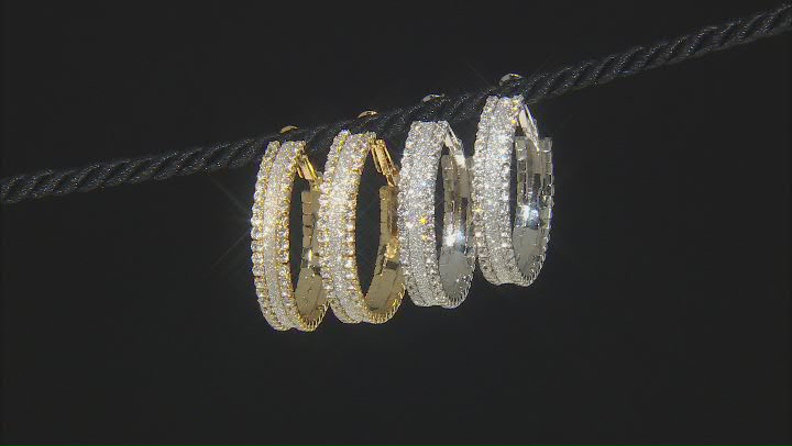 White Crystal, Gold and Silver Tone Set of 2 Hoop Earrings Video Thumbnail