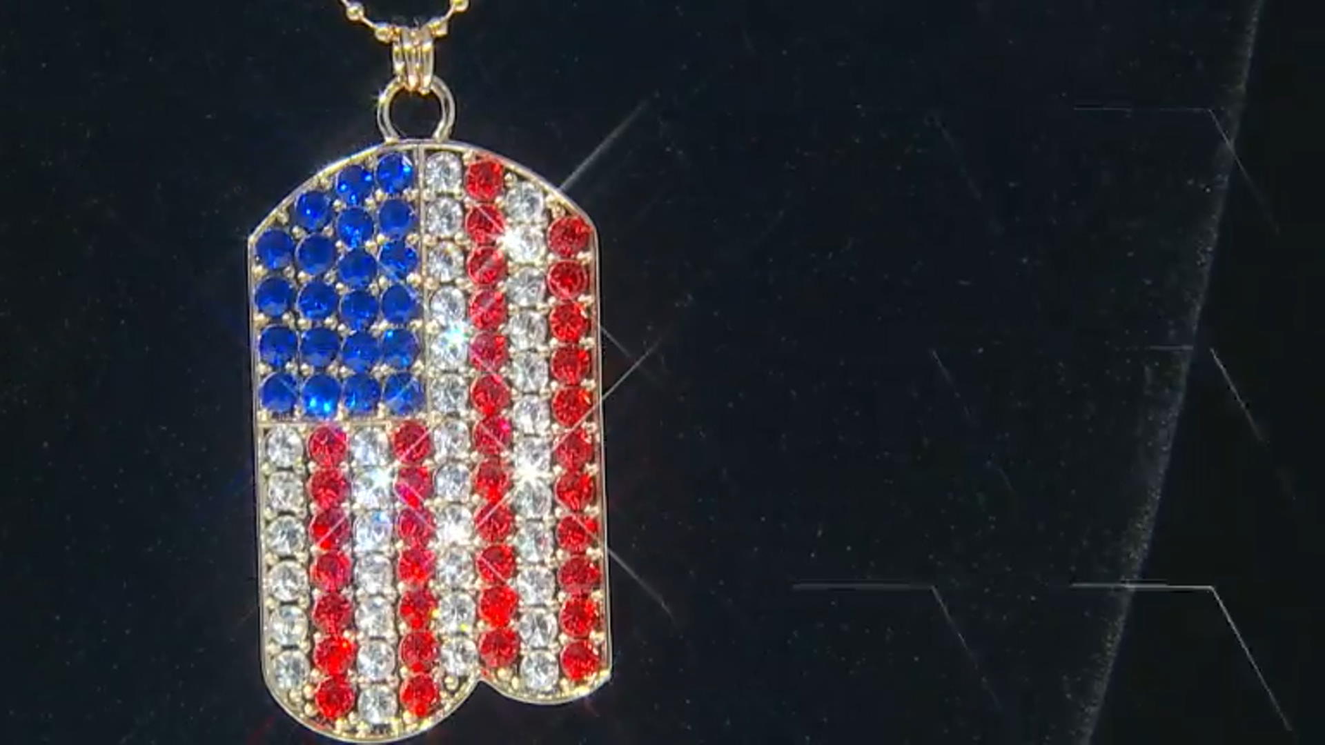Red, White, and Blue Crystal American Flag Gold Tone Dog Tag Pendant with Chain Video Thumbnail