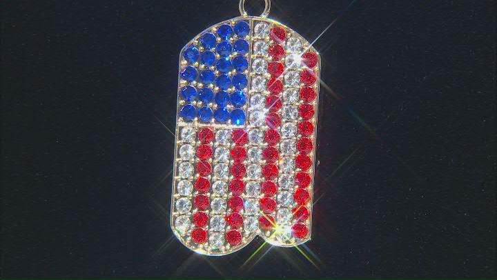Red, White, and Blue Crystal American Flag Gold Tone Dog Tag Pendant with Chain Video Thumbnail