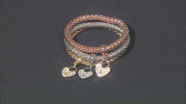 White Crystal Tri-Color Set of 3 Stretch Charm Bracelets