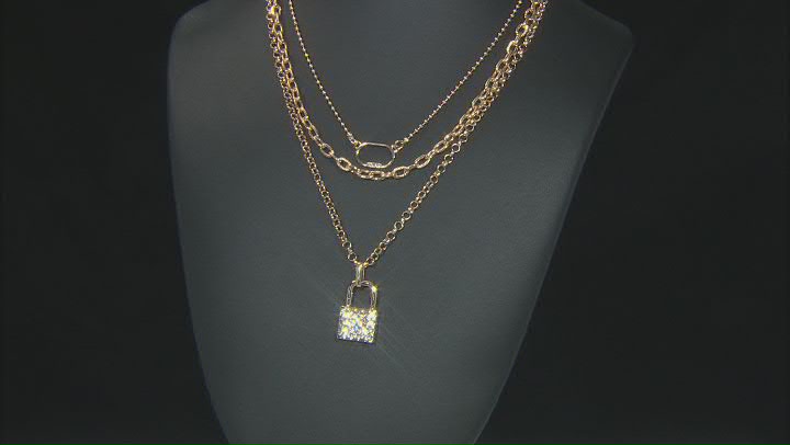 White Crystal Gold Tone Multi Layered Lock Necklace Video Thumbnail