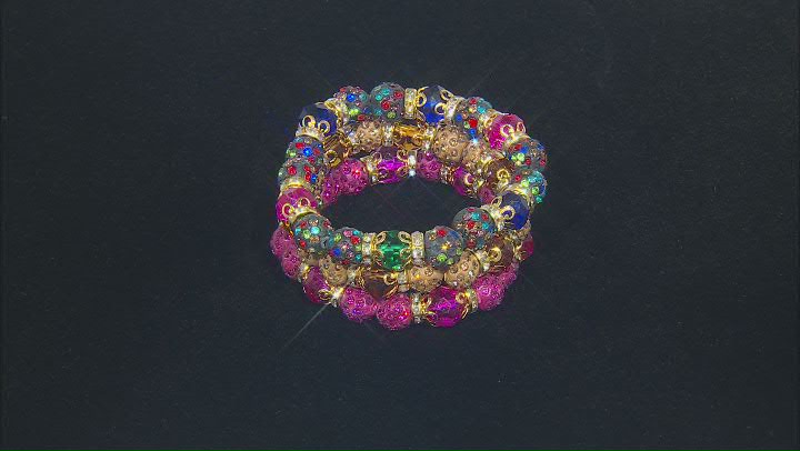 Multi Color Beaded Crystal Gold tone Stretch Bracelet Set of 3 Video Thumbnail