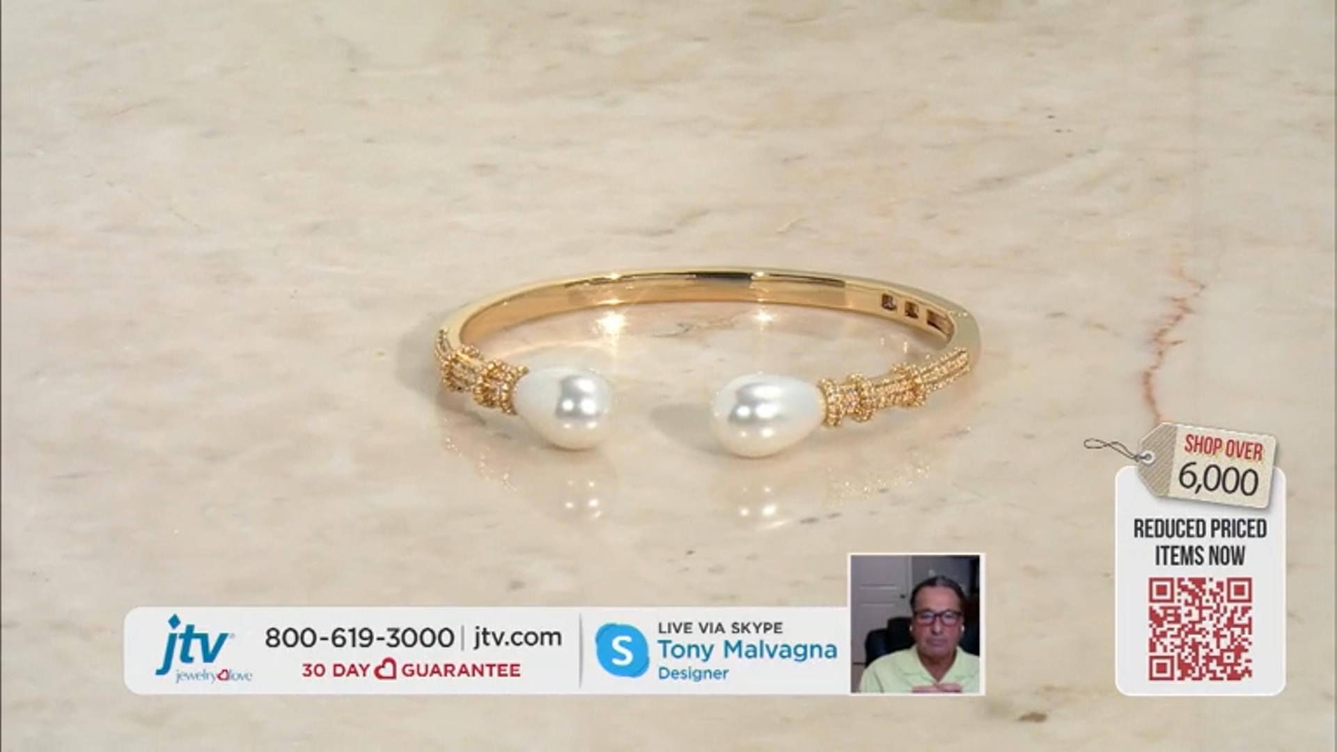 White Pearl Simulant & Crystal Gold Tone Hinged Cuff Bracelet Video Thumbnail
