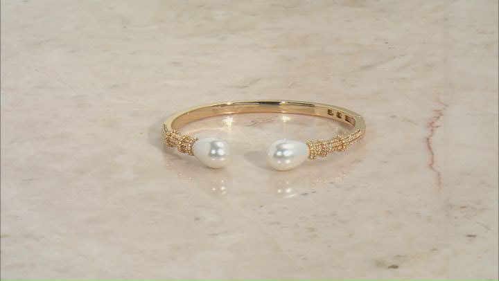 White Pearl Simulant & Crystal Gold Tone Hinged Cuff Bracelet Video Thumbnail