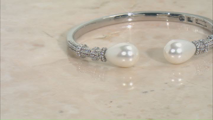 White Pearl Simulant & Crystal Silver Tone Hinged Cuff Bracelet Video Thumbnail
