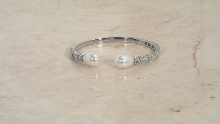 White Pearl Simulant & Crystal Silver Tone Hinged Cuff Bracelet Video Thumbnail