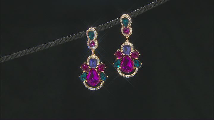 Multi-Color Crystal Gold Tone Dangle Drop Earrings Video Thumbnail
