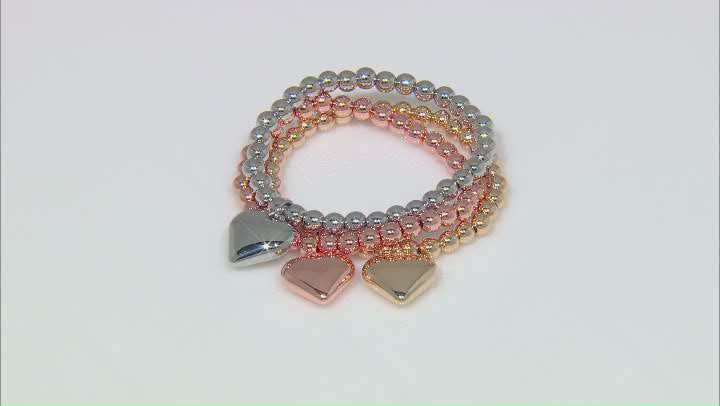Tr-Color Set of 3 Heart Charm Stretch Bracelets Video Thumbnail