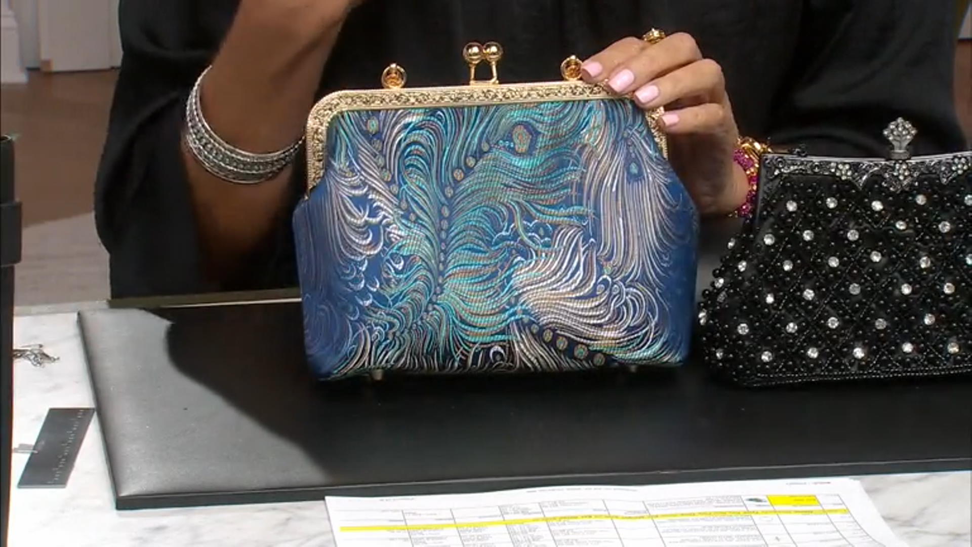 Gold Antique Tone Peacock Fabric Clutch Video Thumbnail