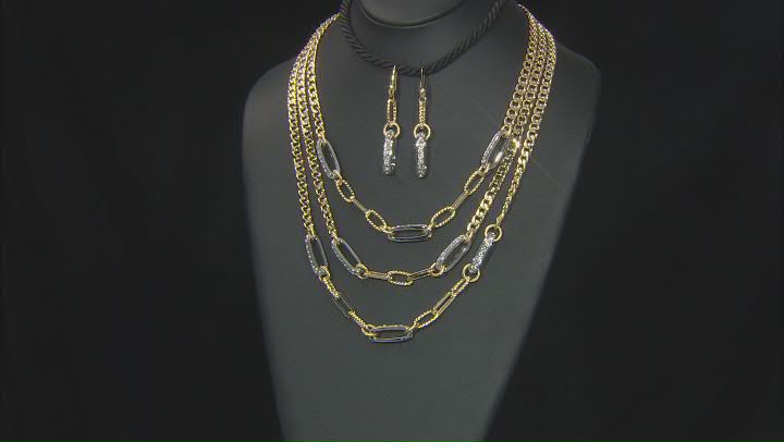 White Crystal Two Tone Multi Strand Necklace and Dangle Earring Set Video Thumbnail