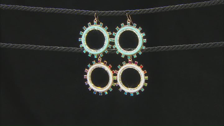 Multi-Color Crystal W/ Blue and White Enamel Circle Set of 2 Earrings Video Thumbnail