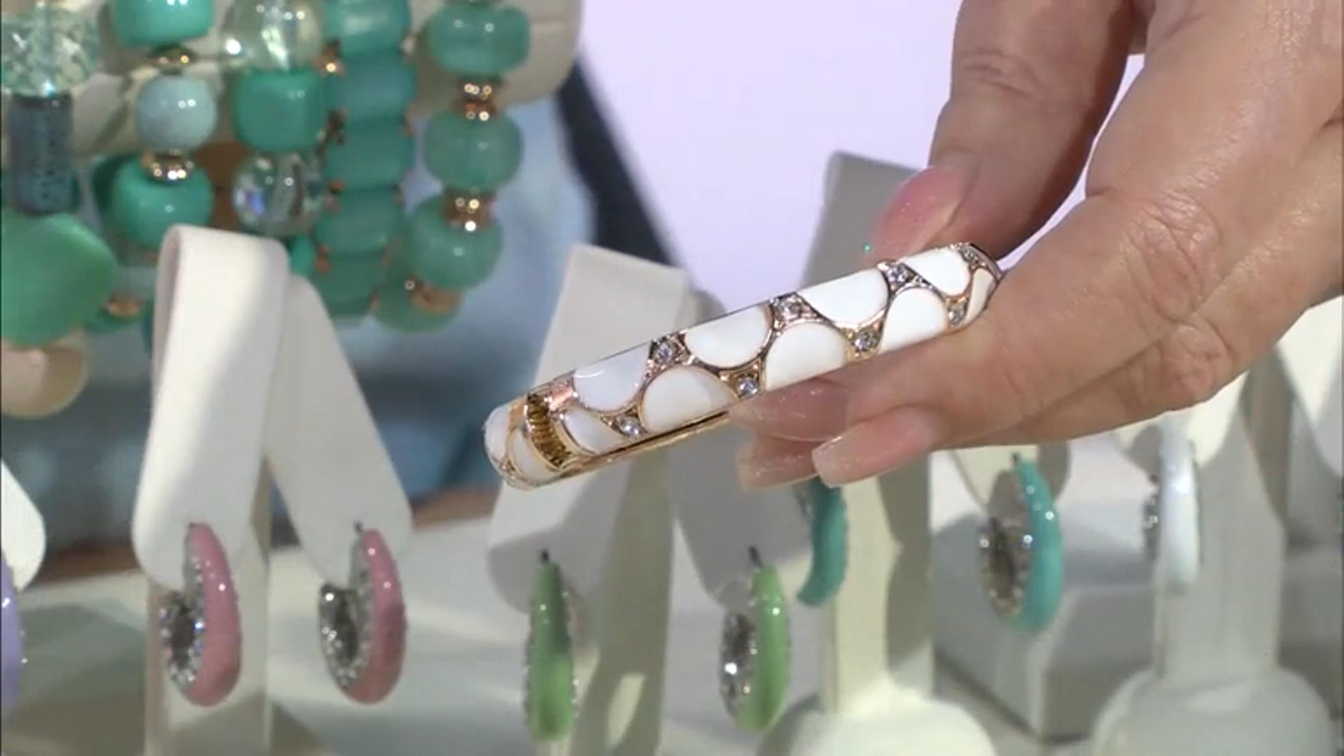 Crystal, White and Turquoise Color Enamel Gold Tone Set of 2 Bangle Bracelets Video Thumbnail