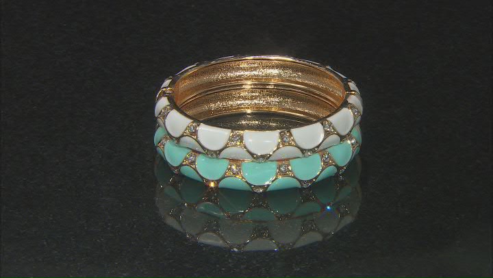 Crystal, White and Turquoise Color Enamel Gold Tone Set of 2 Bangle Bracelets Video Thumbnail