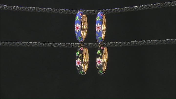 Black and Purple Enamel Gold Tone Set of 2 Floral Hoop Earrings Video Thumbnail