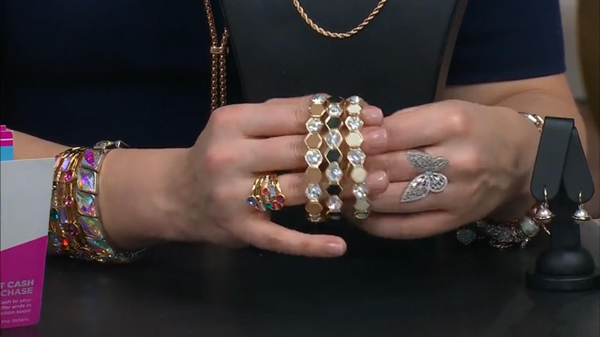 White Crystal Gold Tone Set of 3 Stretch Bracelets Video Thumbnail