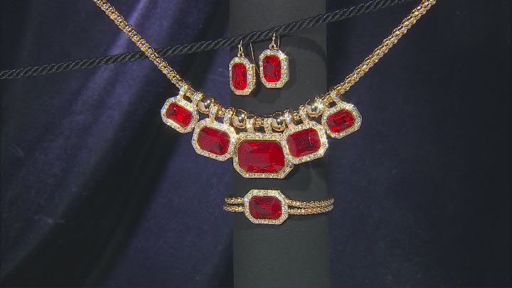 Red Crystal Gold Tone Necklace, Bracelet & Earring Set Video Thumbnail